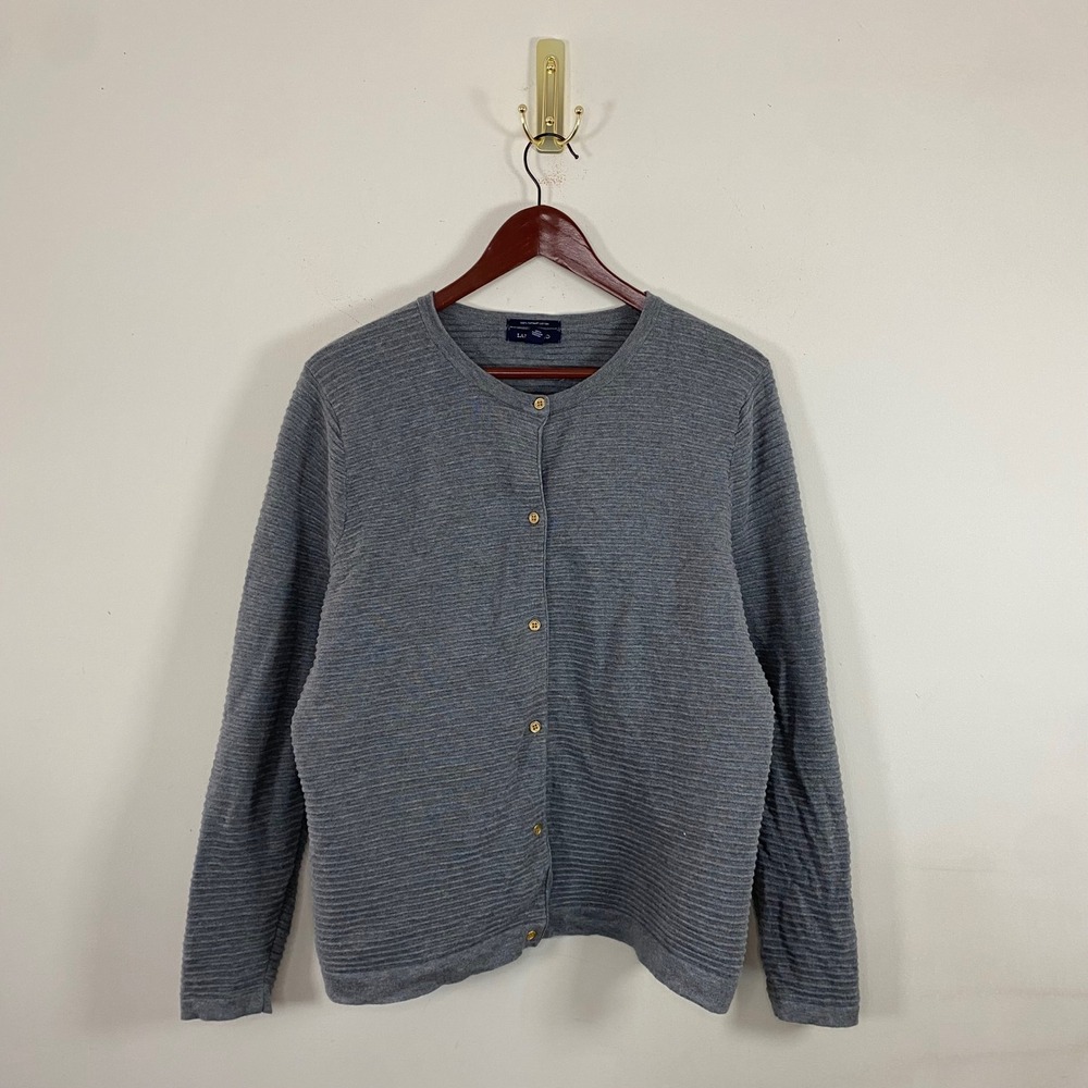 Lands End Ribbed Cardigan Sweater Supima Cotton Gold Buttons Boxy Fit Women's XL